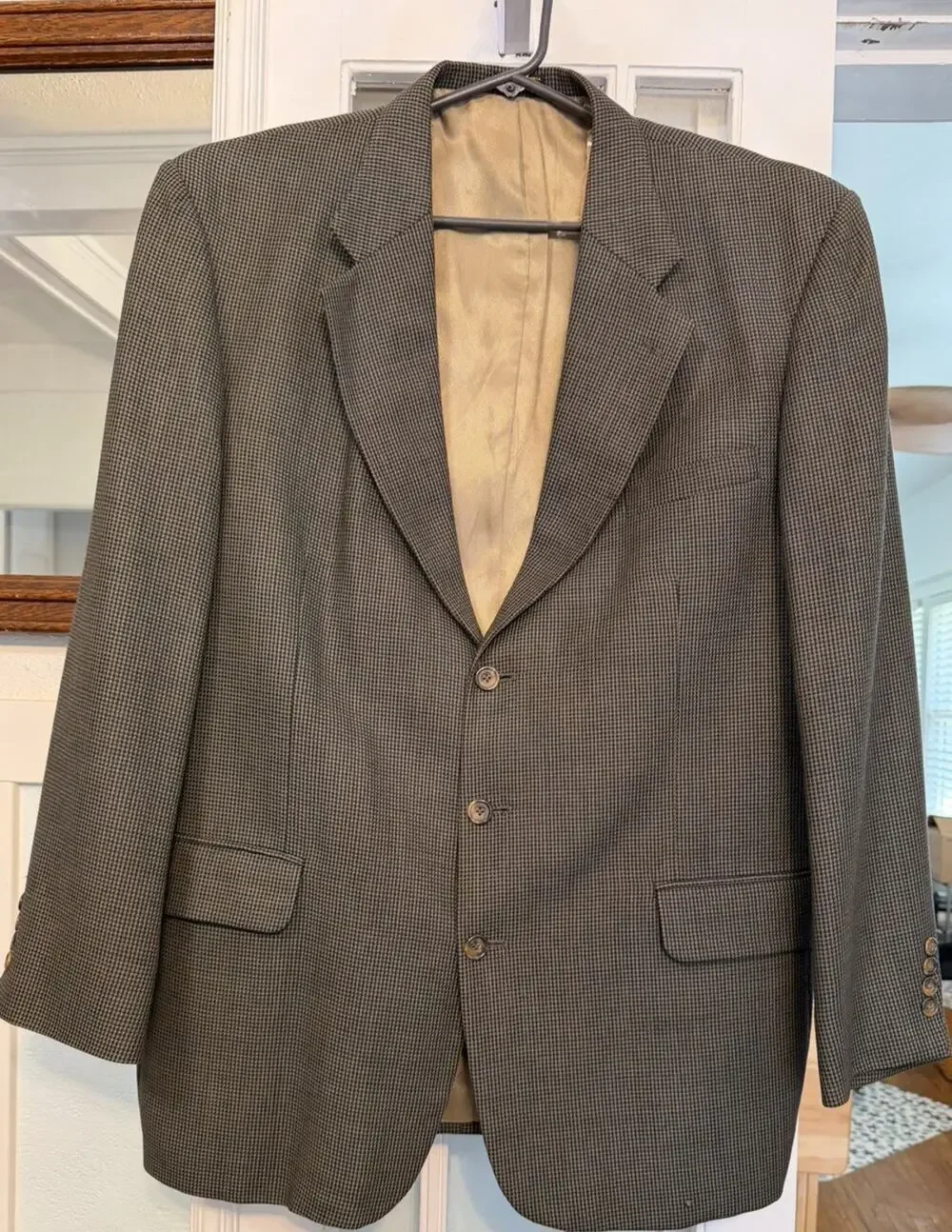 Oscar De La Renta Blazer Mens 46L Black & Tan houndstooth 3 Button 100% Wool